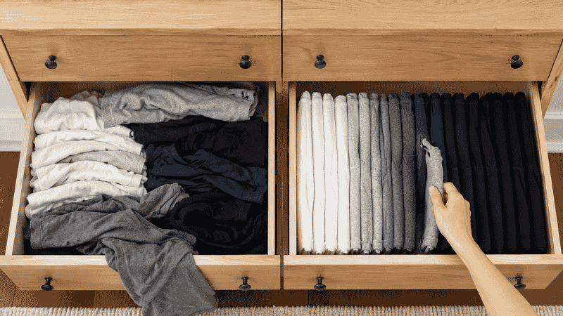 Two drawers compared showing collapsed flat stacking on left versus neat vertical file folding on right with all shirts visible