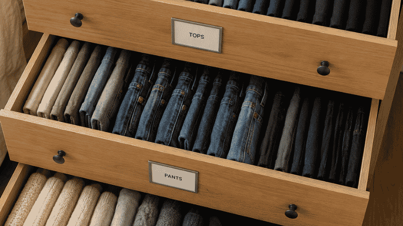 Full dresser with three open drawers showing vertical file folding applied to shirts pants and sweaters with hand pulling one item cleanly
