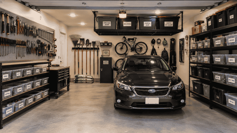 Fully organized garage with all zones set up car parked inside and completely clear floor showing final organized result