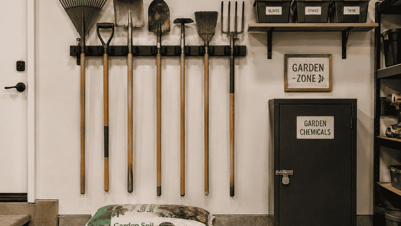 Garage garden zone showing wall mounted tool rack holding rakes and shovels vertically with locked chemical cabinet