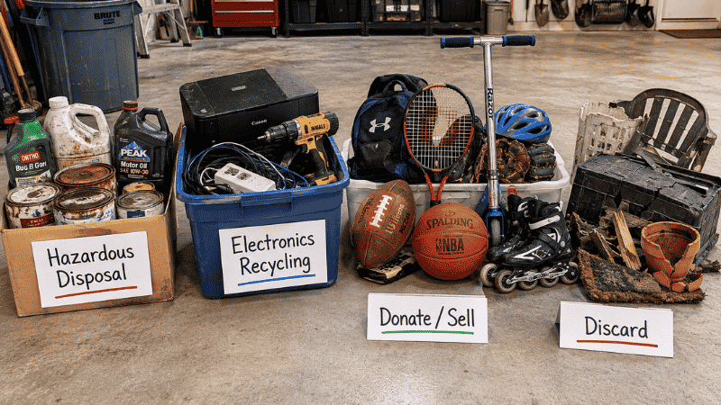 Garage purge showing four sorted categories — hazardous disposal electronics recycling donate and discard piles with labels