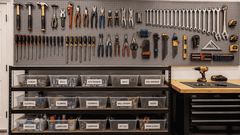 Garage workshop zone showing full pegboard with outlined tool positions and heavy duty shelving with labeled bins below