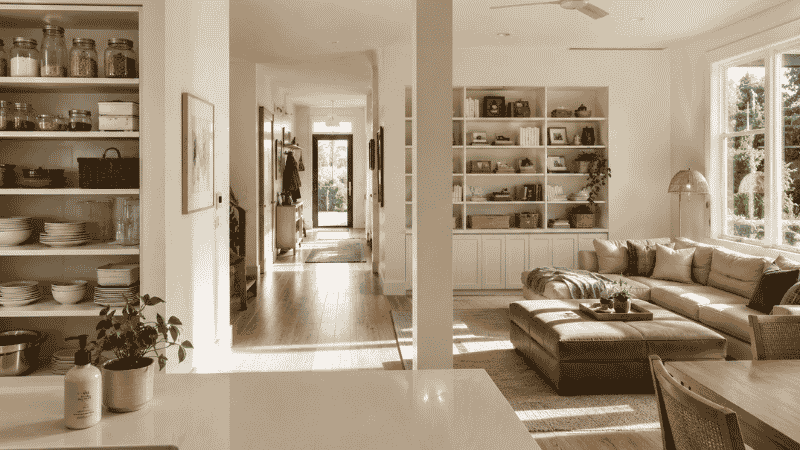 Open plan organized home showing tidy kitchen living room and hallway with natural light and minimal clutter