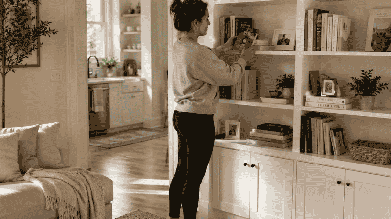 Woman doing weekly 10 minute home organization reset returning items to their places in tidy living room