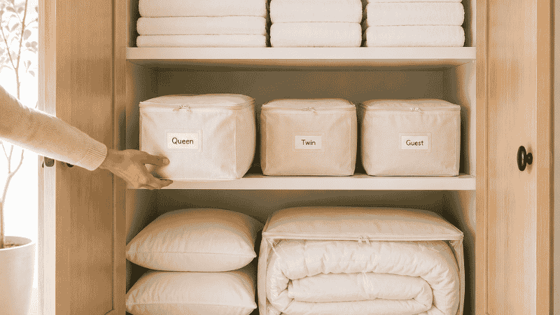 Organized linen closet showing towels on top shelf labeled pillowcase bundles in middle and extra bedding below