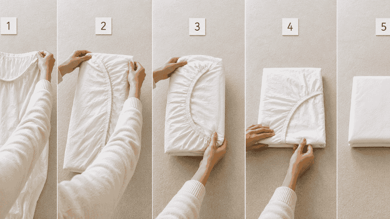 Five step sequence showing how to fold a fitted sheet using corner nesting method from corners held up to flat compact rectangle