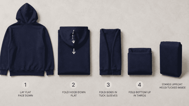Four step hoodie folding sequence showing hood tucked flat then sides folded and thirds fold to compact standing rectangle