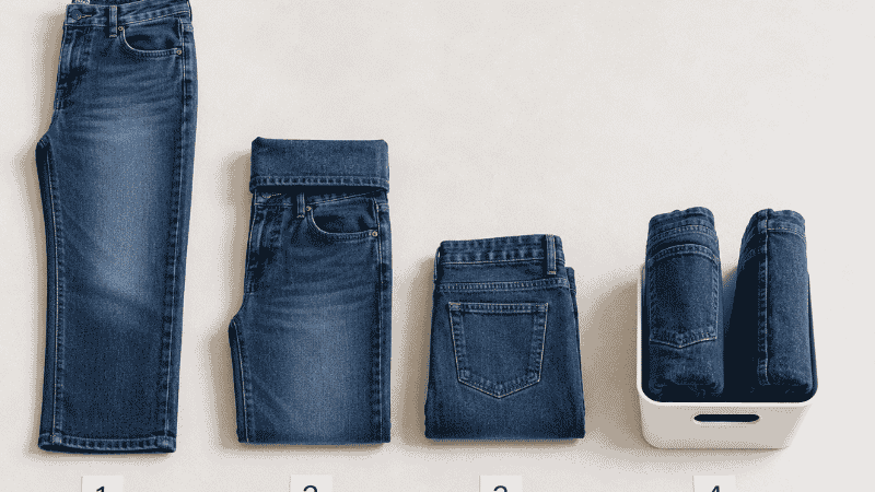 Four step sequence showing how to fold jeans with waistband cuff folded down then thirds fold to standing compact rectangle