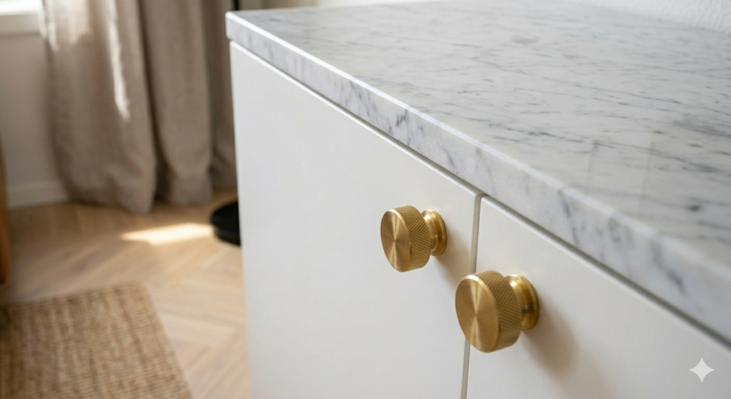 Close-up of a budget IKEA cabinet upgraded with high-end brass knobs and a marble top for a luxury custom look.