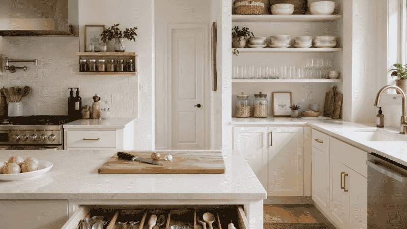 Organized kitchen showing three distinct zones — cooking utensils near stove prep tools at counter and plates near sink