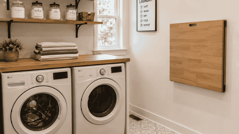 Laundry room folding zone showing counter above front load machines and wall mounted folding table closed flat