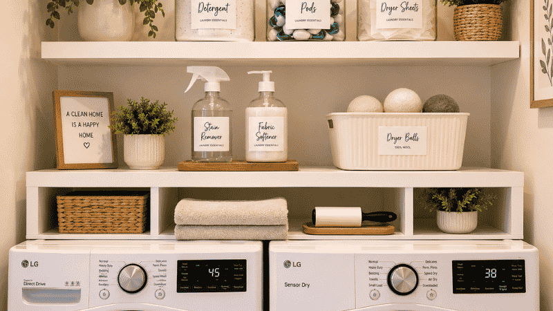 Two floating shelves above washer and dryer holding labeled detergent canisters stain remover and dryer accessories