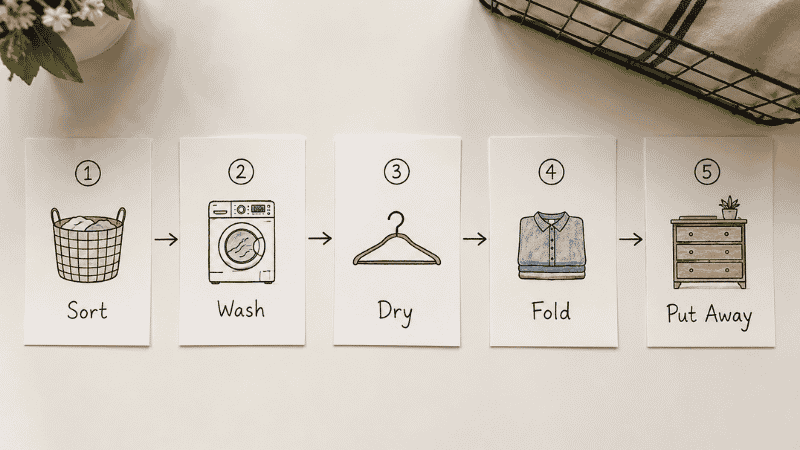 Five laundry workflow stages shown as flow diagram — sort wash dry fold and put away sequence for laundry room organization