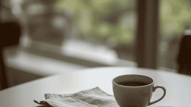 The realistic scene of the breakfast corner features a half-filled coffee cup and a linen napkin on the table, with the background being the blurry view of the garden seen through the window, creating a sense of tranquility and a slow-paced morning ritual.