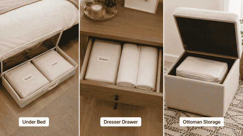 Linen closet shelf divided into three sections labeled Queen Twin and Guest each holding complete sheet bundles and towels