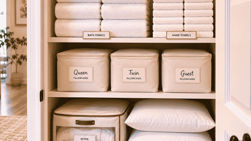 Fully organized linen closet showing folded towels on top shelf labeled sheet bundles in middle and extra bedding below with breathing room