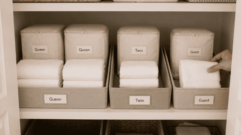 Three linen storage options without a closet — under bed container dresser drawer and ottoman storage each holding sheet bundles