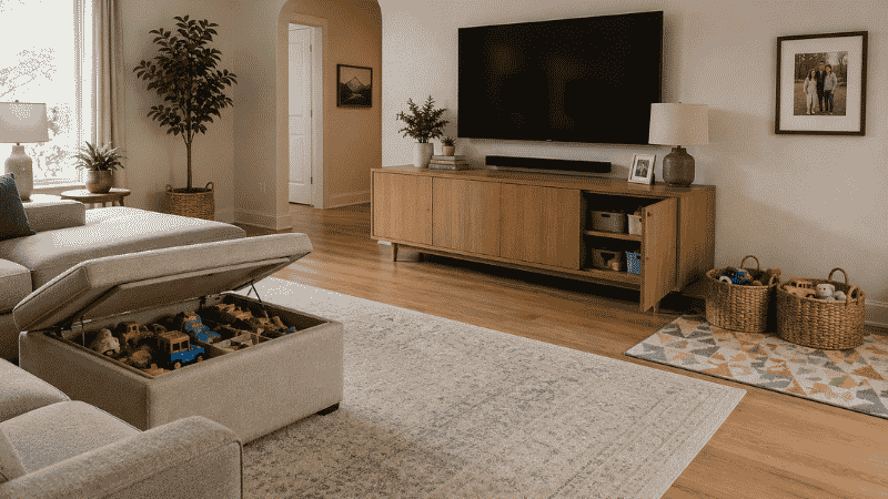 Living room with toys stored in storage ottoman designated corner zone with baskets and closed TV cabinet