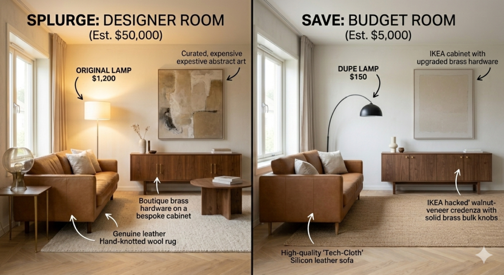 Side-by-side comparison of an expensive $50,000 designer room and a $5,000 budget-friendly version using furniture dupes.