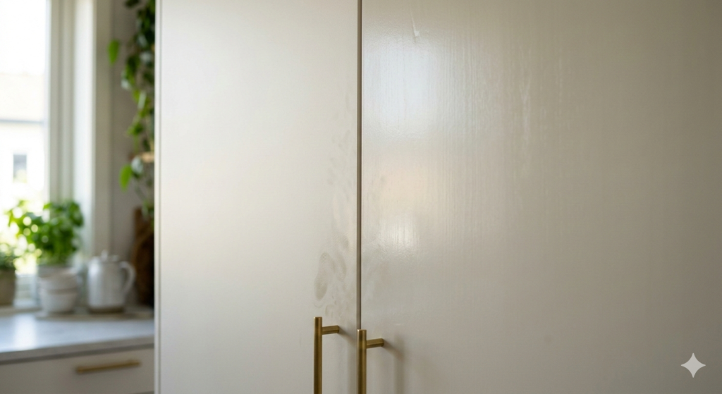 Close-up comparison of matte and satin cabinet finishes under natural light showing fingerprints on matte surface.