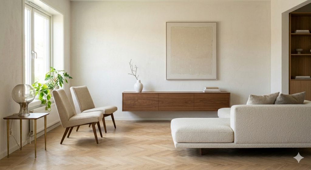A minimalist small living room featuring wall-mounted floating cabinets and leggy mid-century modern chairs for visual expansion.