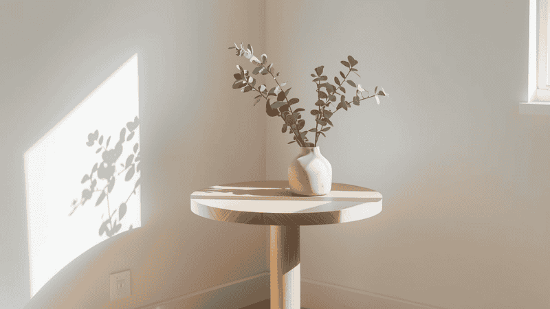 A minimalist kitchen breakfast nook bathed in sunlight, featuring a light oak center column round table with eucalyptus leaves in a ceramic vase, exudes a fresh and natural design sense.