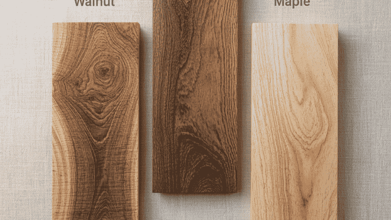 The flat photos of oak, walnut and maple sample color blocks placed on a coarse linen base showcase the texture differences and harmonious tones of different woods when they are in their natural finish, creating an organic and sustainable design atmosphere.