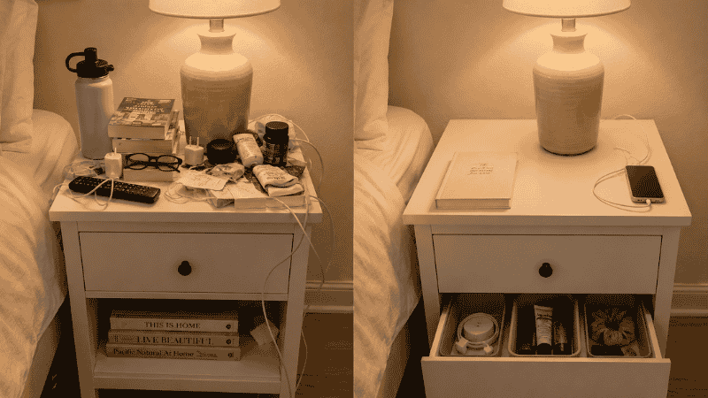 Nightstand before and after showing cluttered surface versus clear surface with only lamp book and charger