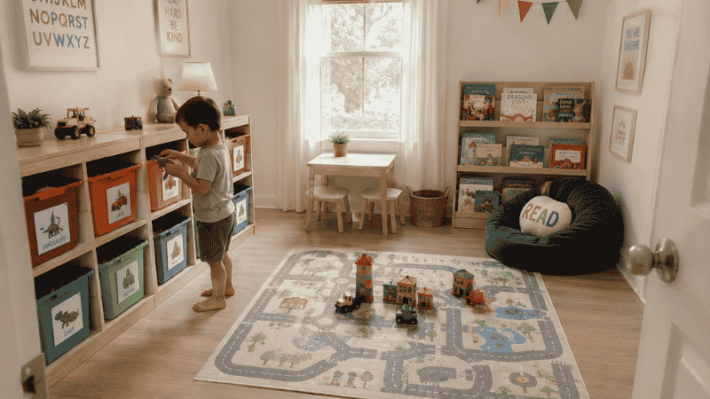Organized playroom with child independently putting toy back in labeled bin showing storage system working as intended