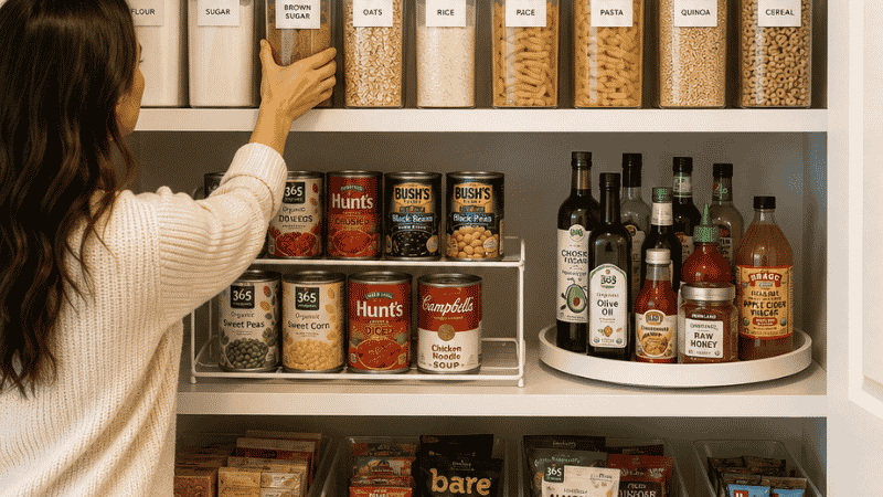Fully organized pantry closet with five shelves showing zone system with labeled containers can riser and turntable