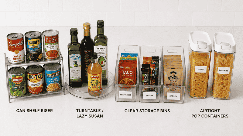 Four pantry storage tools shown side by side — can shelf riser turntable lazy Susan clear bins and airtight containers