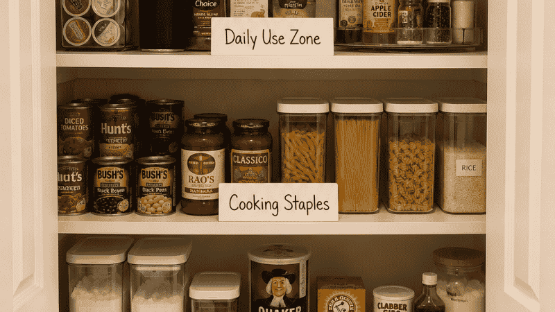 Pantry organized into five zones — daily use cooking staples baking backup stock and snack zone with shelf labels