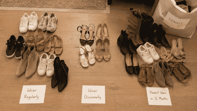 Shoe audit showing all household shoes sorted into three groups — wear regularly occasionally and haven't worn in 12 months with donation bag