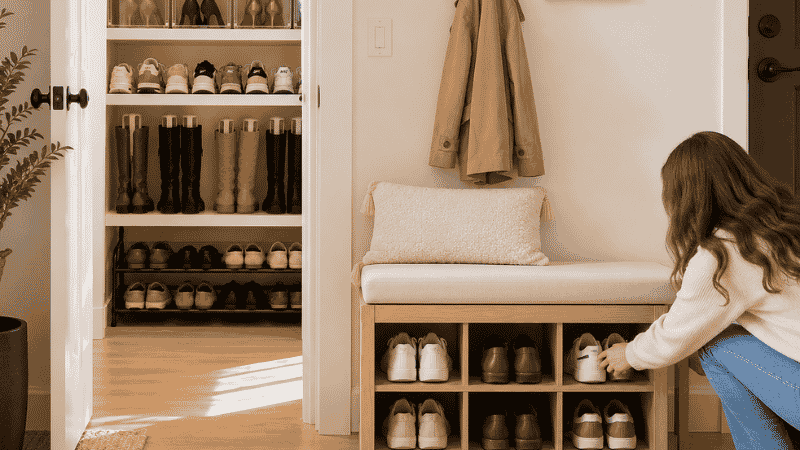 Complete shoe storage system showing organized entryway bench and closet shelves with boots sneakers and heels each properly stored