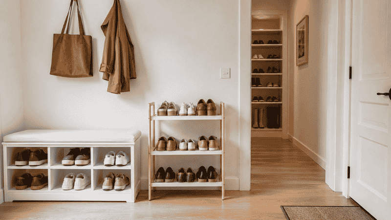 Organized entryway showing storage bench with shoe cubbies and tiered shoe rack with clear floor space