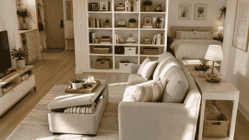 Small studio apartment with storage ottoman tall bookcase room divider and console table maximizing space