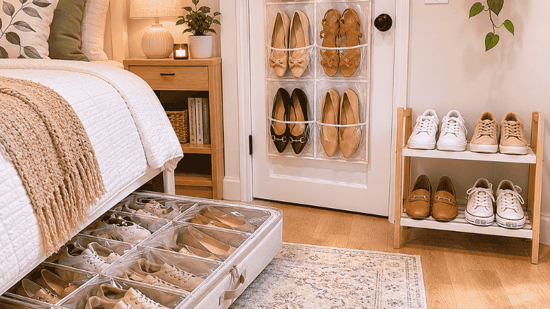 Small apartment shoe storage showing under bed organizer over door pockets and compact shoe rack keeping floor clear