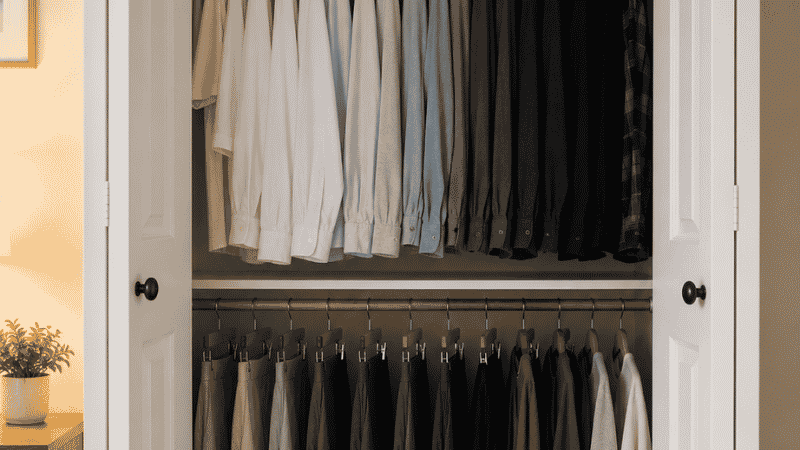 Small bedroom closet organized with double hang rod color arranged clothes shoe rack and labeled storage bins