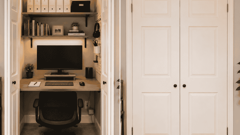 Small home office in converted closet showing desk surface floating shelves pegboard and clear organized workspace