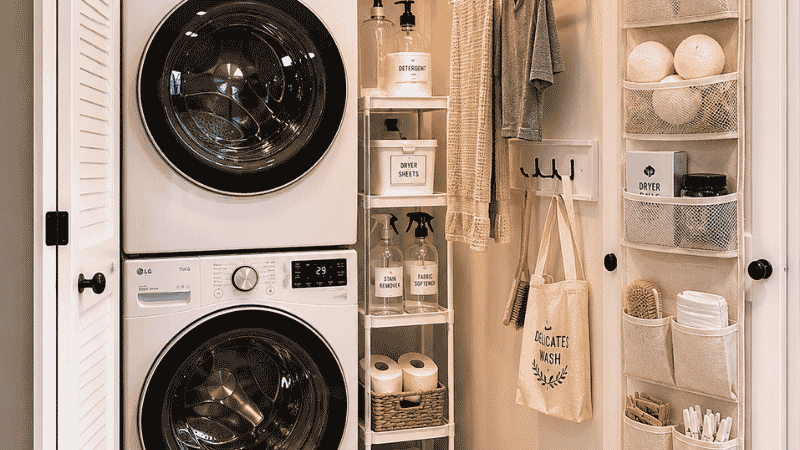 Small laundry closet organized with rolling cart in gap over door organizer and wall mounted drying rack