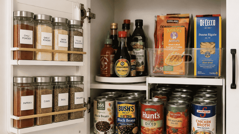 Single kitchen cabinet organized as small pantry with door spice rack shelf riser turntable and snack bin