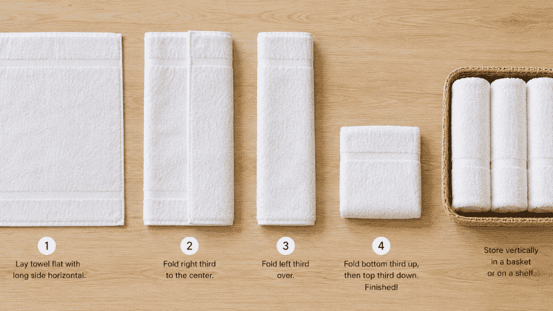 Towel folding thirds method shown in four stages from flat to compact rectangle with completed towels stored vertically in basket