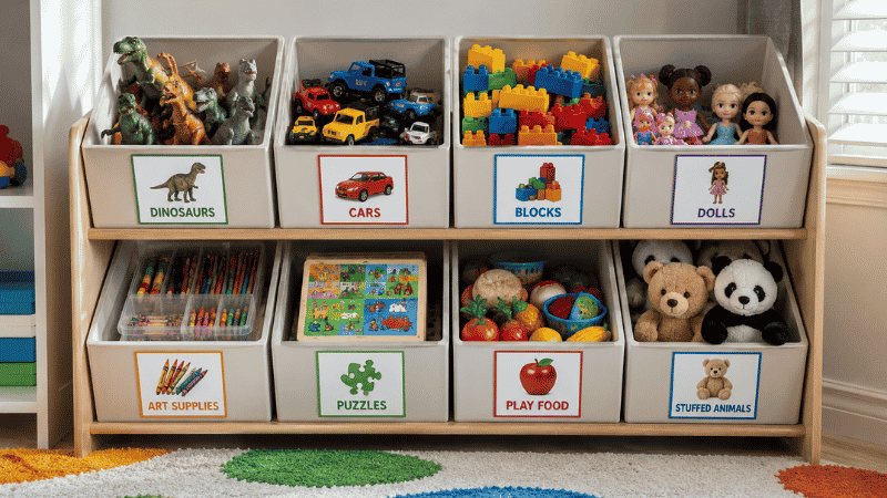 Low toy storage unit with eight open top bins each labeled with photo category — dinosaurs cars blocks dolls art puzzles food stuffed animals