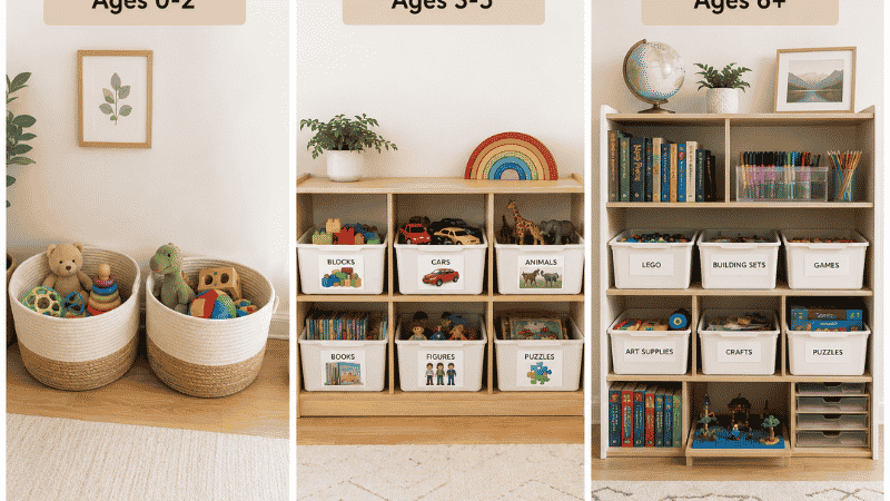 Three toy storage setups compared by age showing simple baskets for toddlers photo labeled bins for preschoolers and word labeled shelves for school age
