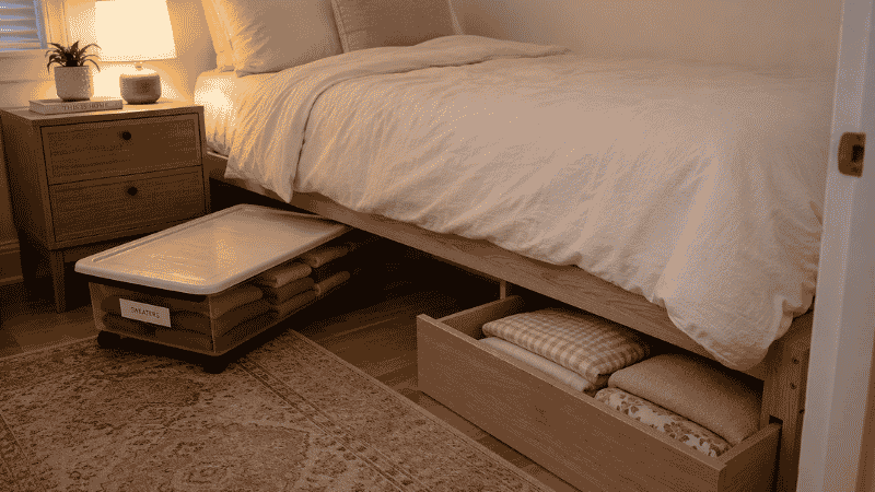 Bedroom showing under bed flat storage bin being pulled out and storage bed frame drawer open with folded items