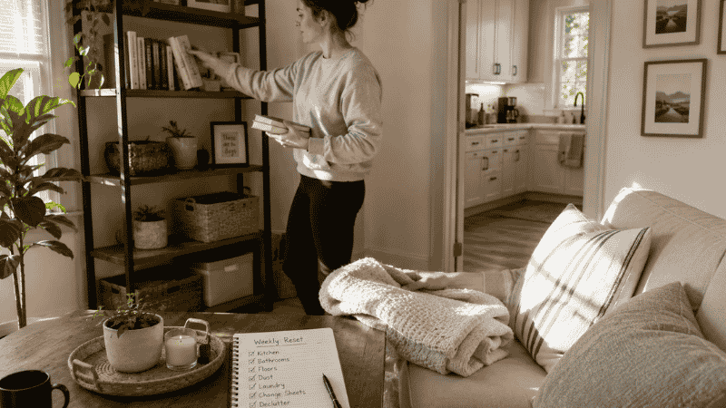 Person doing light weekly home reset in tidy living room with weekly cleaning checklist on table showing most tasks completed