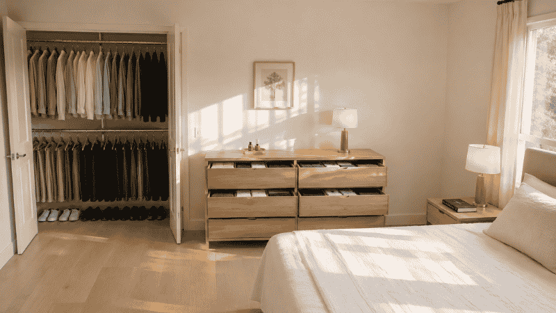 Complete bedroom organization showing open closet with double hang rod clear dresser surface filed drawer clothes and clear floor