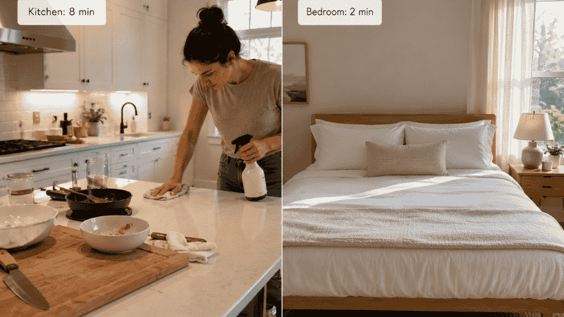 Daily cleaning routine showing kitchen counter being wiped after cooking and neatly made bedroom with time labels