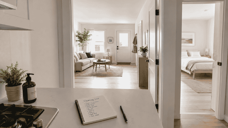 Clean organized home showing spotless kitchen tidy living room and made bed with handwritten cleaning checklist on counter