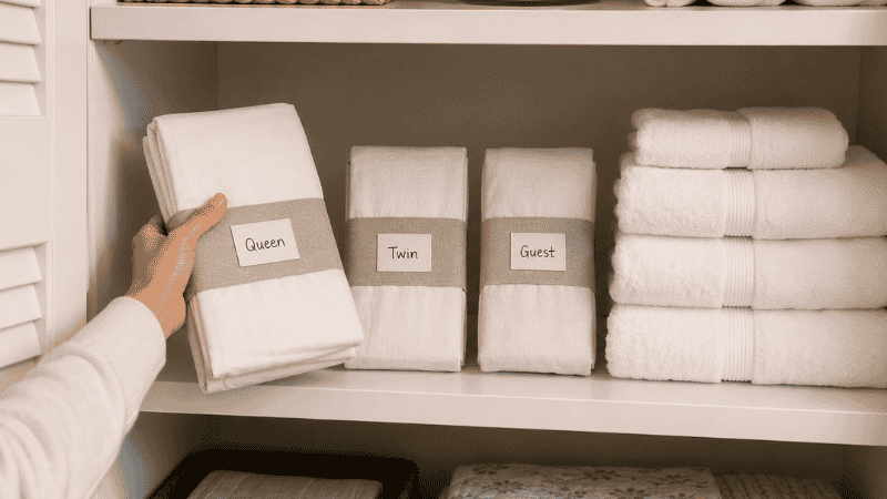 Linen closet shelf showing three labeled pillowcase bundles for Queen Twin and Guest beds beside folded towel stack